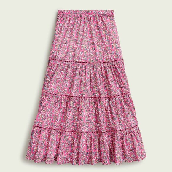 New J.Crew 100% Cotton Tiered Floral Midi Skirt Pink M-L fit $118 - Picture 1 of 8